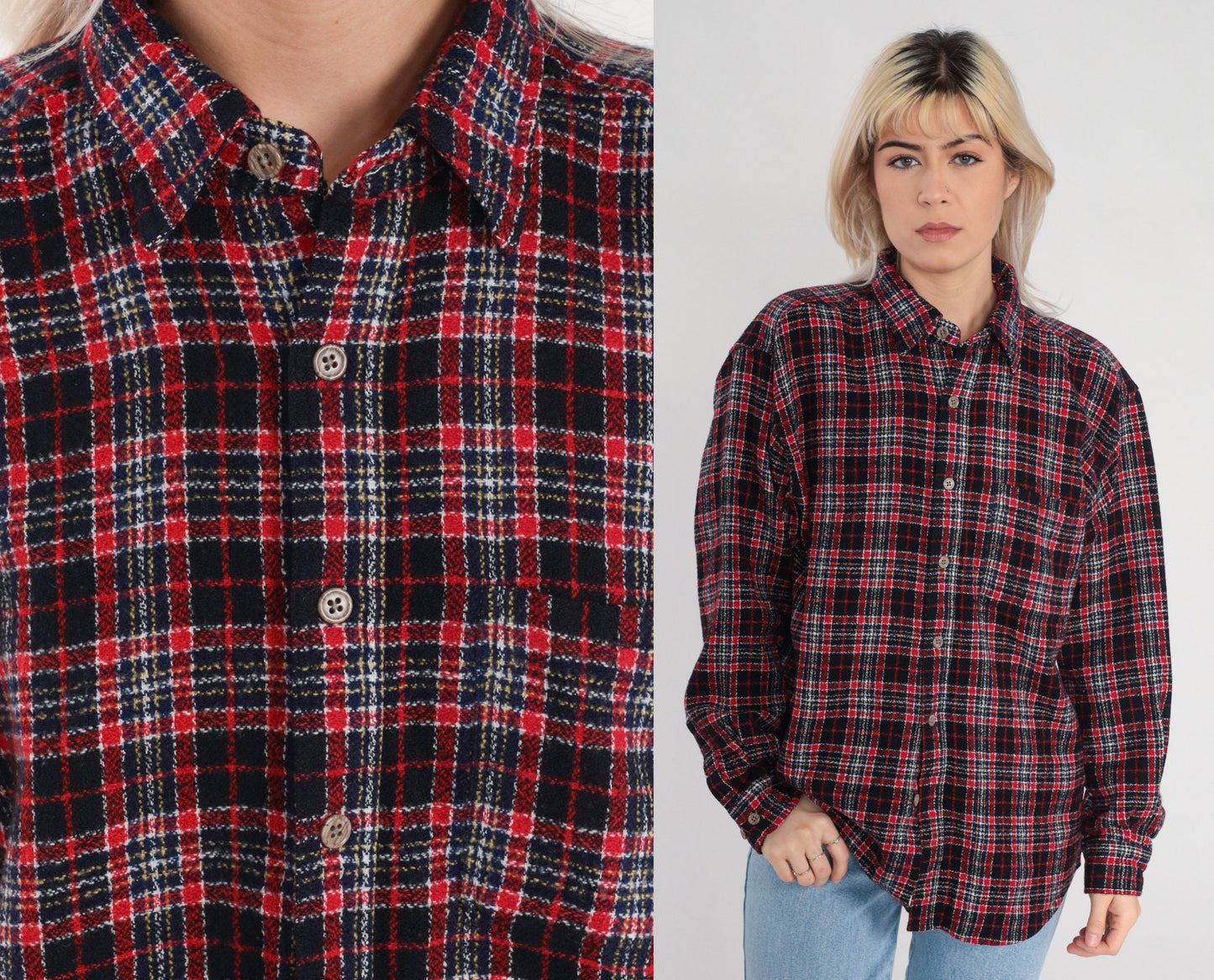 90s Red Plaid Flannel Button-Up Shirt Cotton Long Sleeve Large L