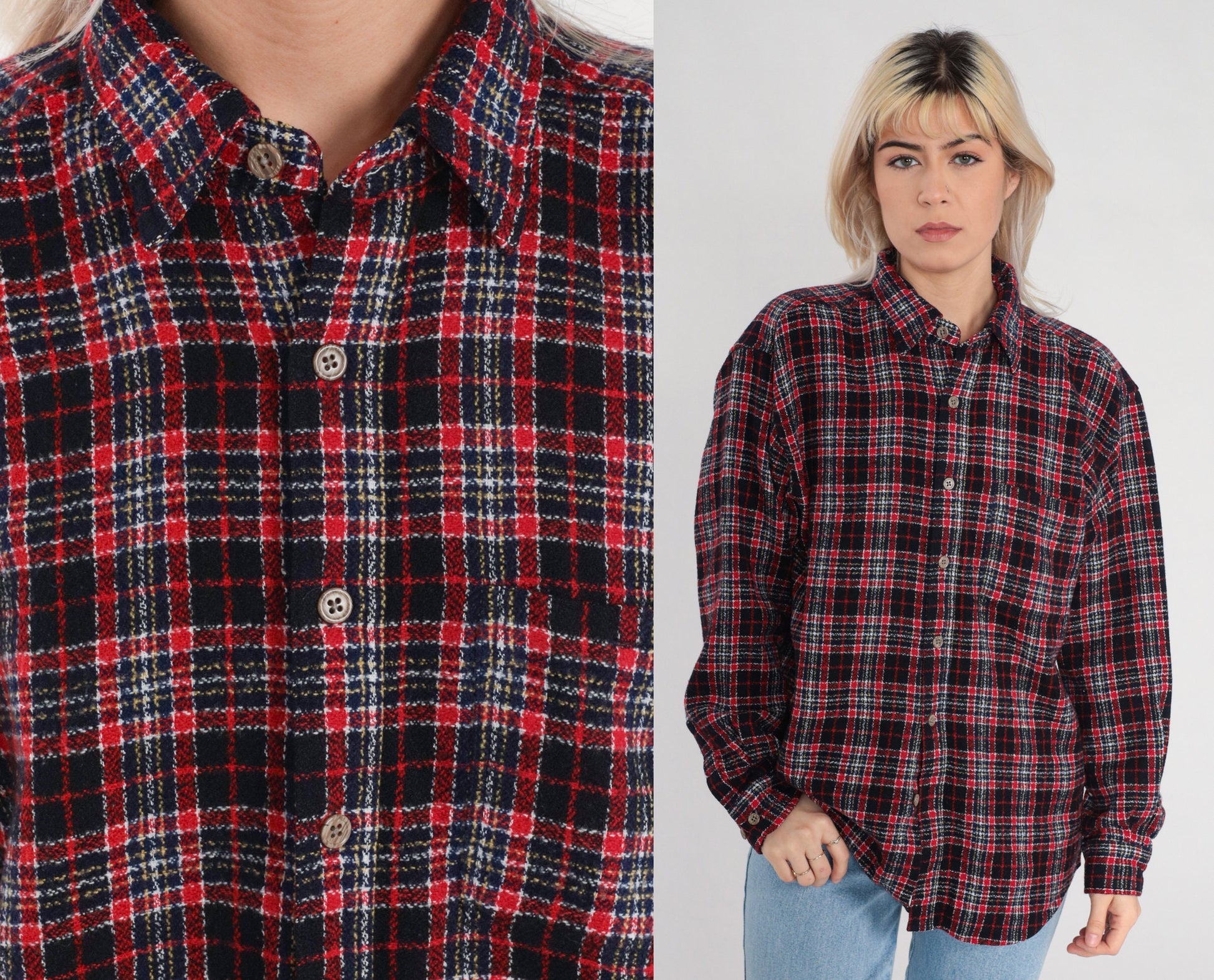 90s Red Plaid Flannel Button-Up Shirt Cotton Long Sleeve Large L
