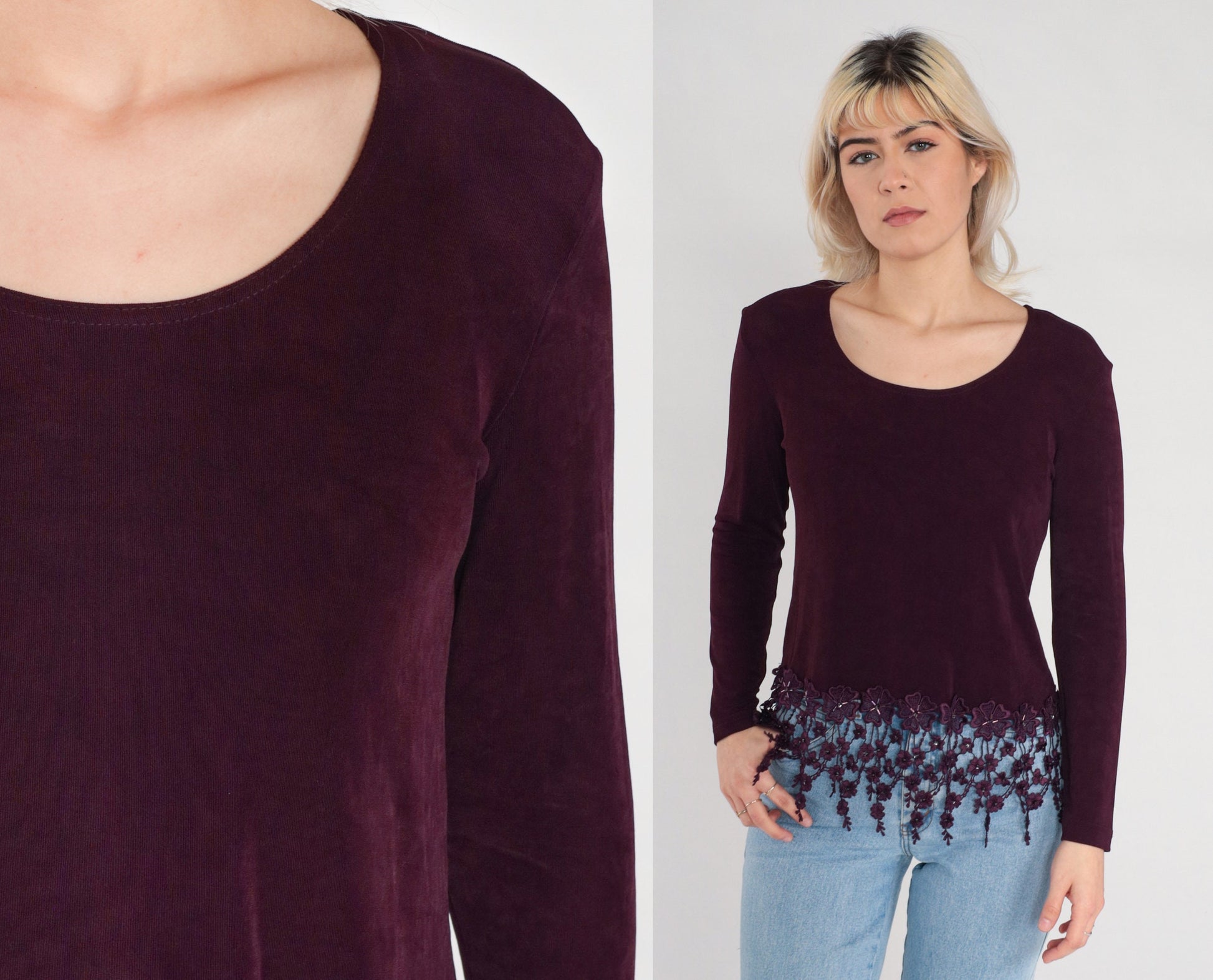 90s Rabbit Rabbit Rabbit Dark Maroon Blouse Crochet Floral Trim Scoop Neck Small