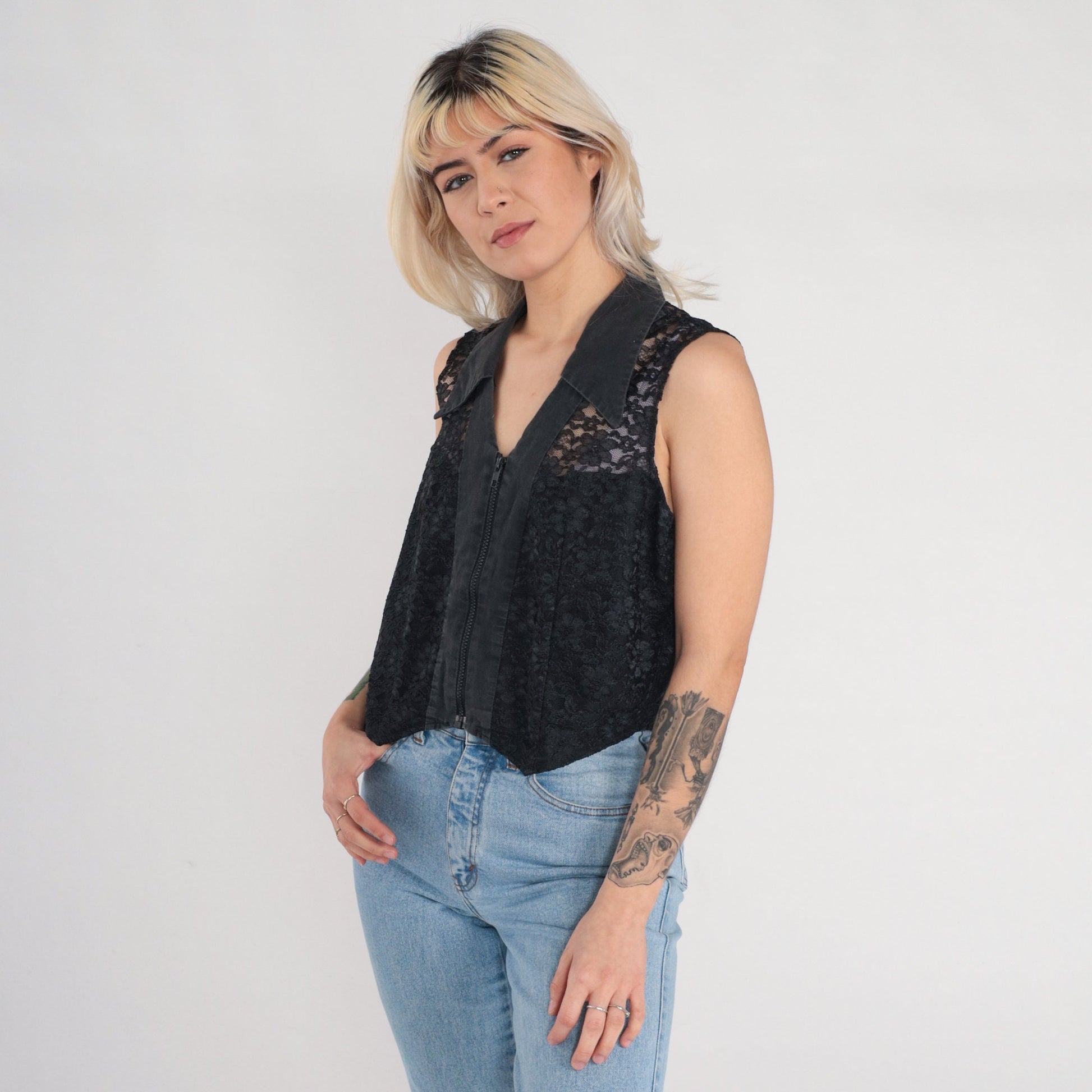 90s Black Lace Floral Vest Sheer Zip-Up Sleeveless Top Medium