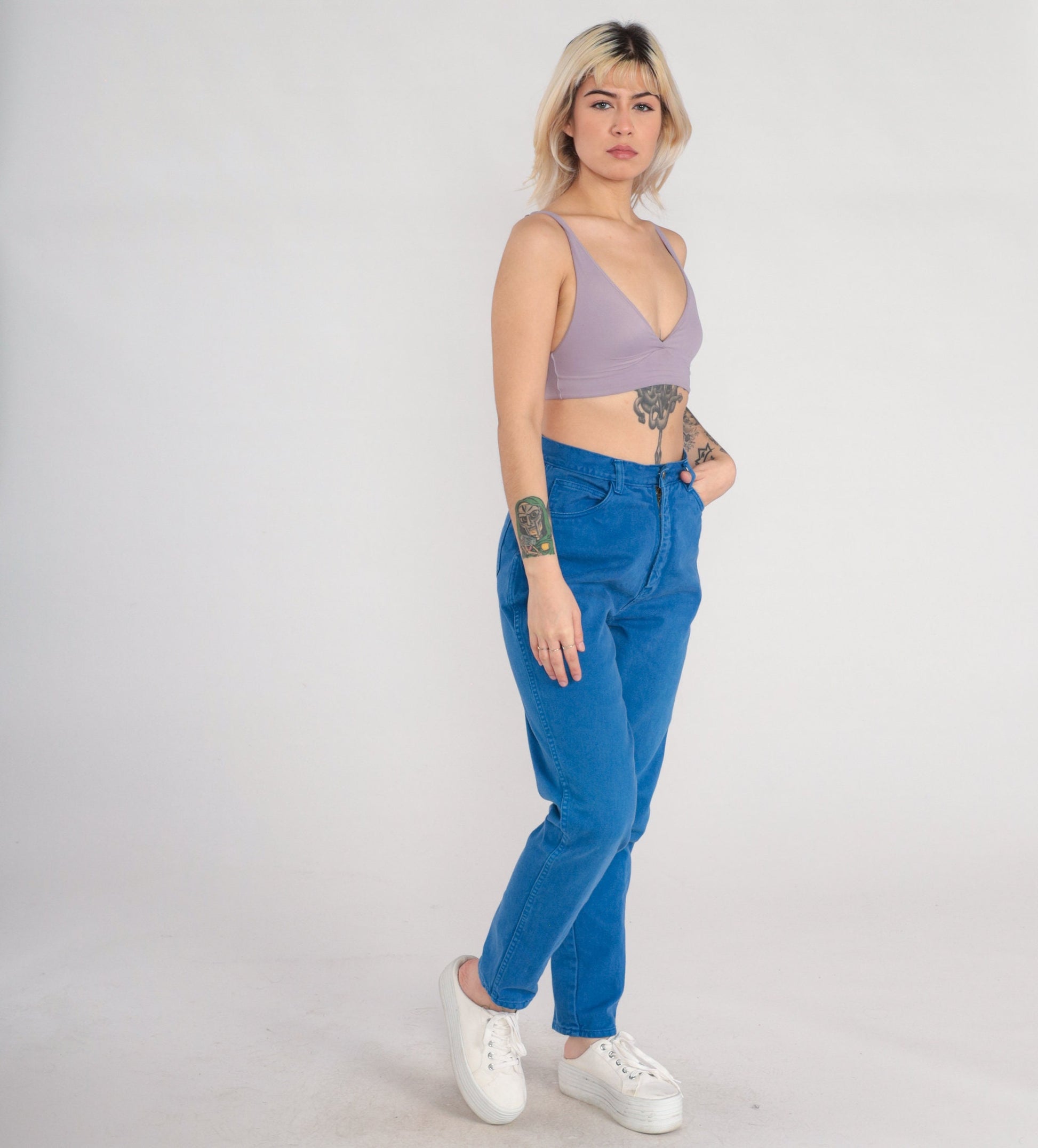 90s Bill Blass Blue Denim High-Rise Tapered Jeans Small