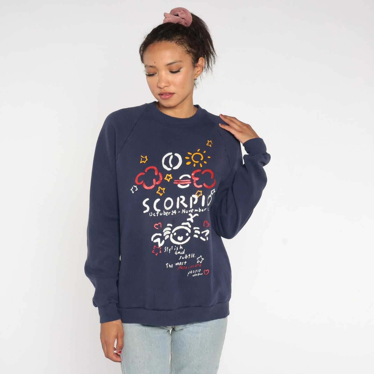 90s Ken Done Scorpio Zodiac Astrology Sweatshirt Navy Raglan Medium
