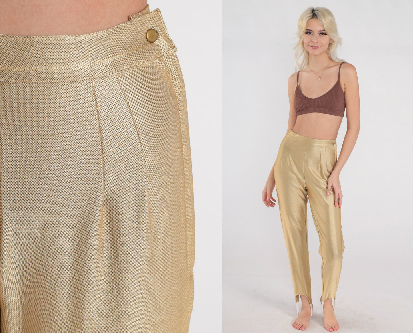 80s Gold Metallic Stirrup Pants High Waisted Tapered Trousers Extra Small