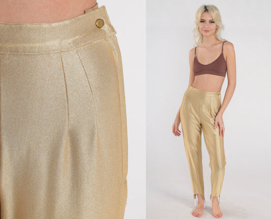 80s Gold Metallic Stirrup Pants High Waisted Tapered Trousers Extra Small