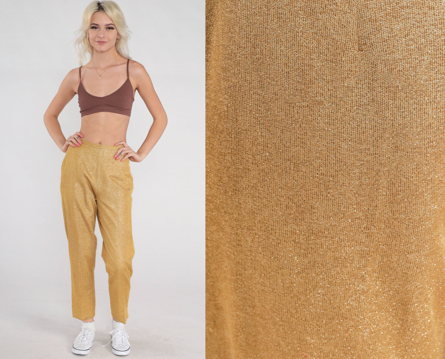 70s Metallic Gold Sparkly High-Waist Straight Trousers Small