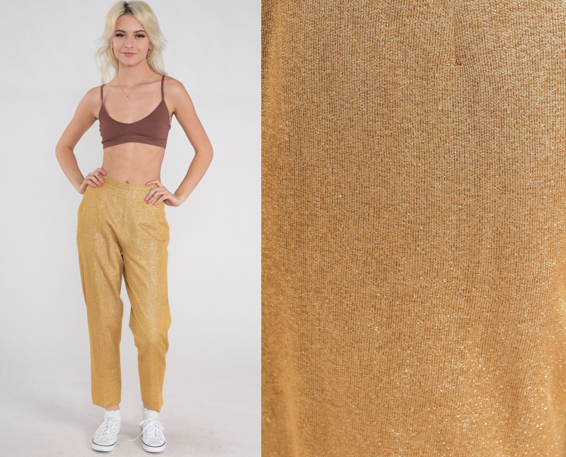 70s Metallic Gold Sparkly High-Waist Straight Trousers Small