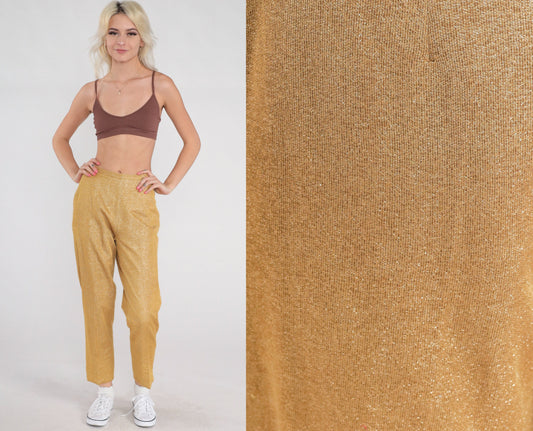 70s Metallic Gold Sparkly High-Waist Straight Trousers Small