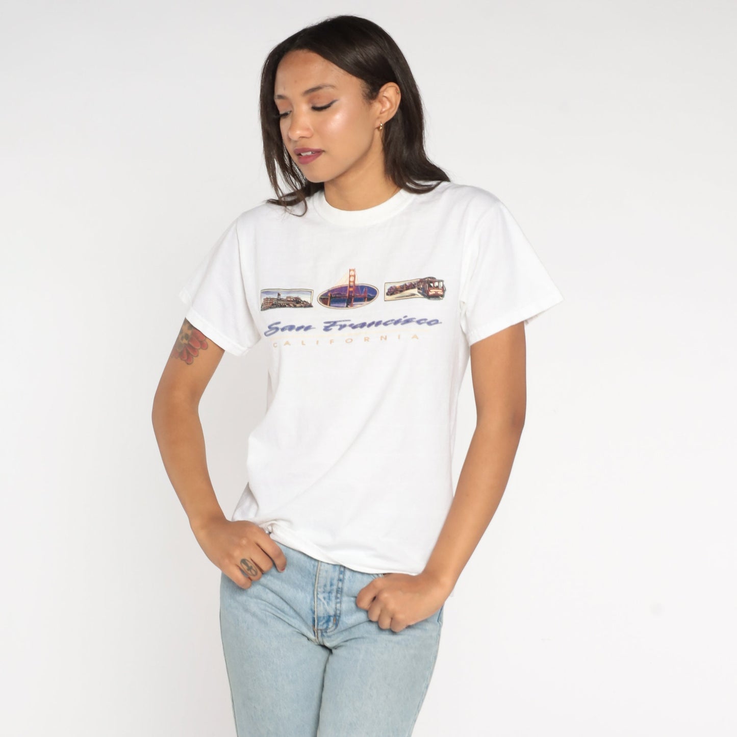 00s San Francisco Golden Gate Bridge Graphic T-Shirt White Cotton Small