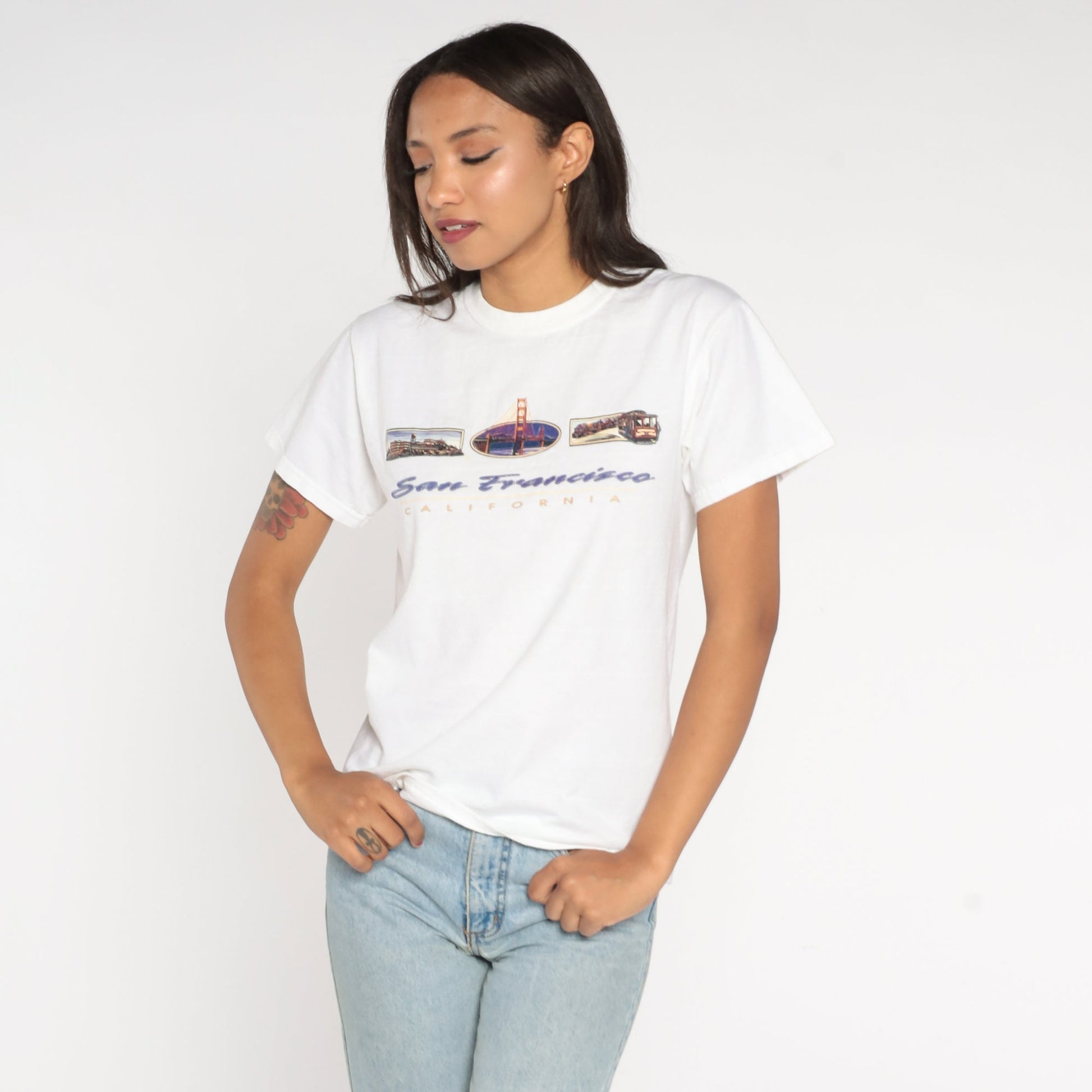 00s San Francisco Golden Gate Bridge Graphic T-Shirt White Cotton Small