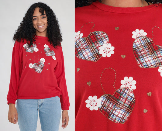 90s Red Plaid Heart Sweatshirt Gold Glitter Crewneck Pullover Medium