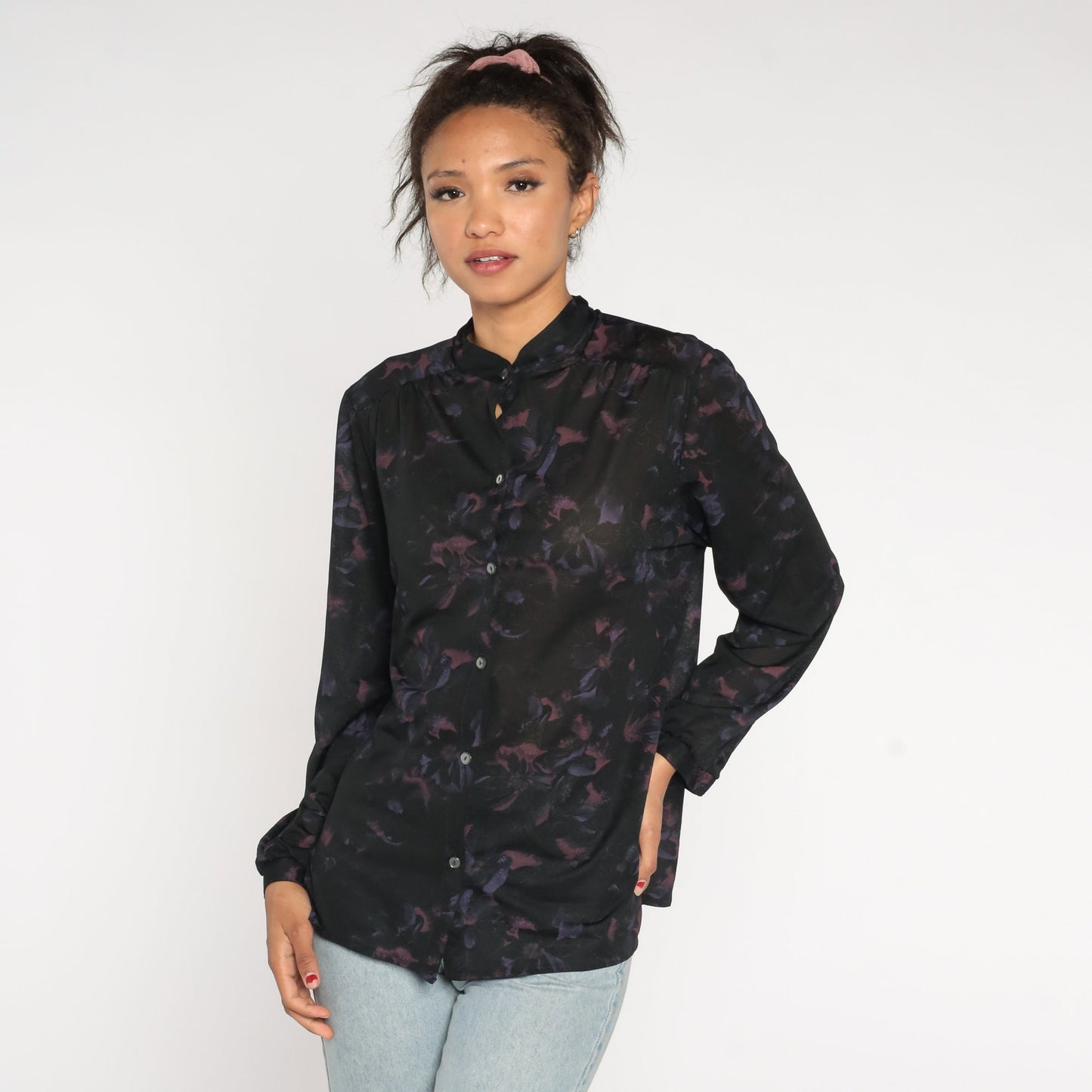 70s Black Floral Button-Up Blouse Long Sleeve Semi-Sheer Shirt Large