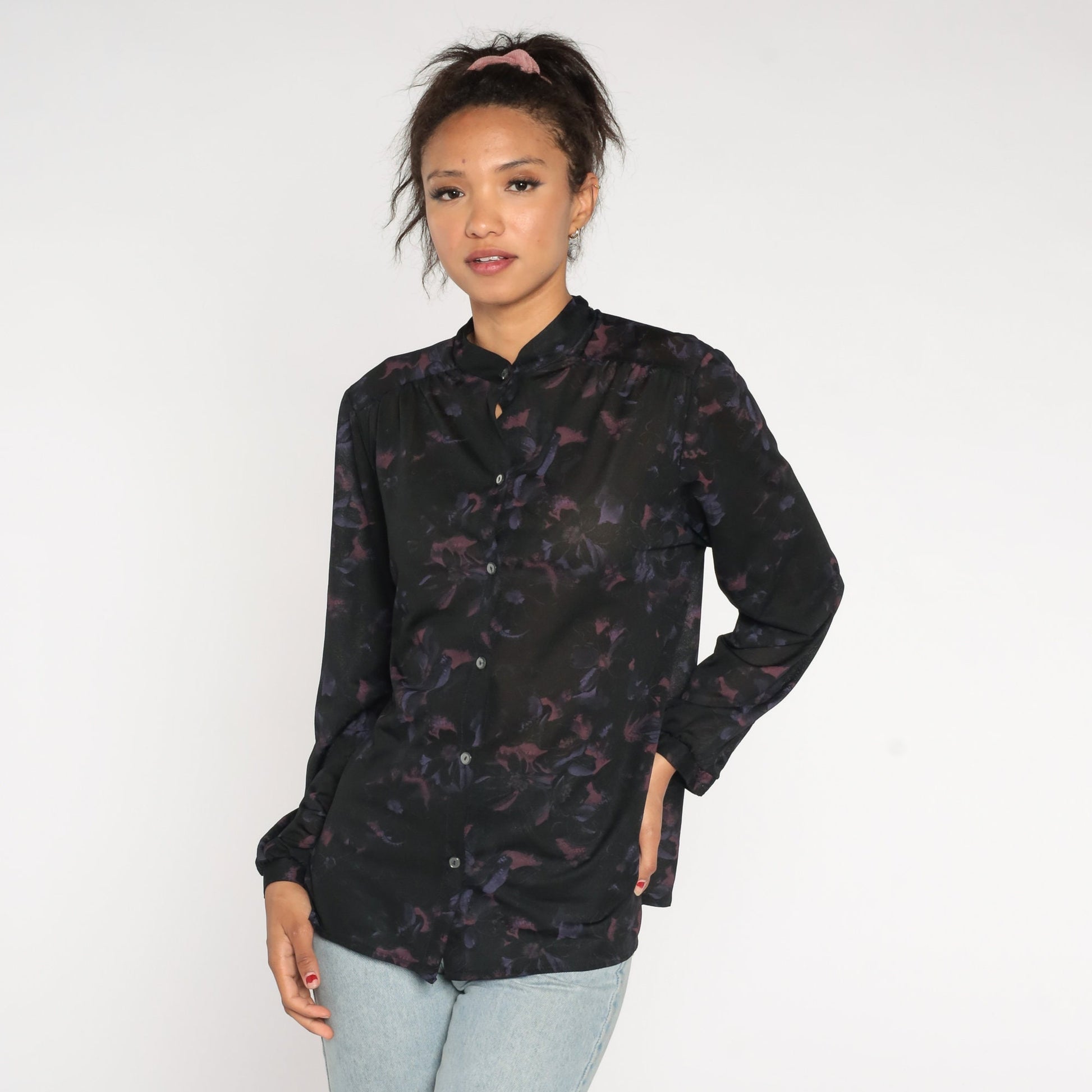 70s Black Floral Button-Up Blouse Long Sleeve Semi-Sheer Shirt Large