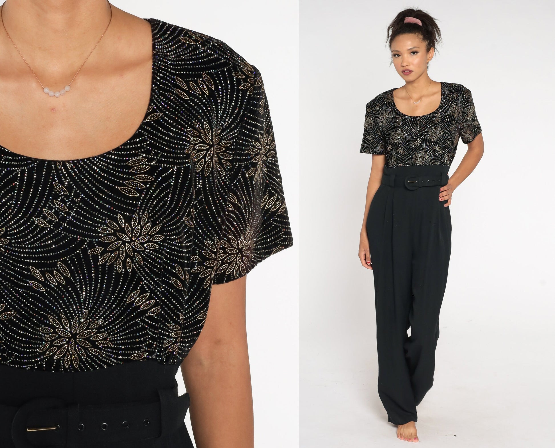 90s Black Velvet Glitter Jumpsuit High Waist Straight Leg Large