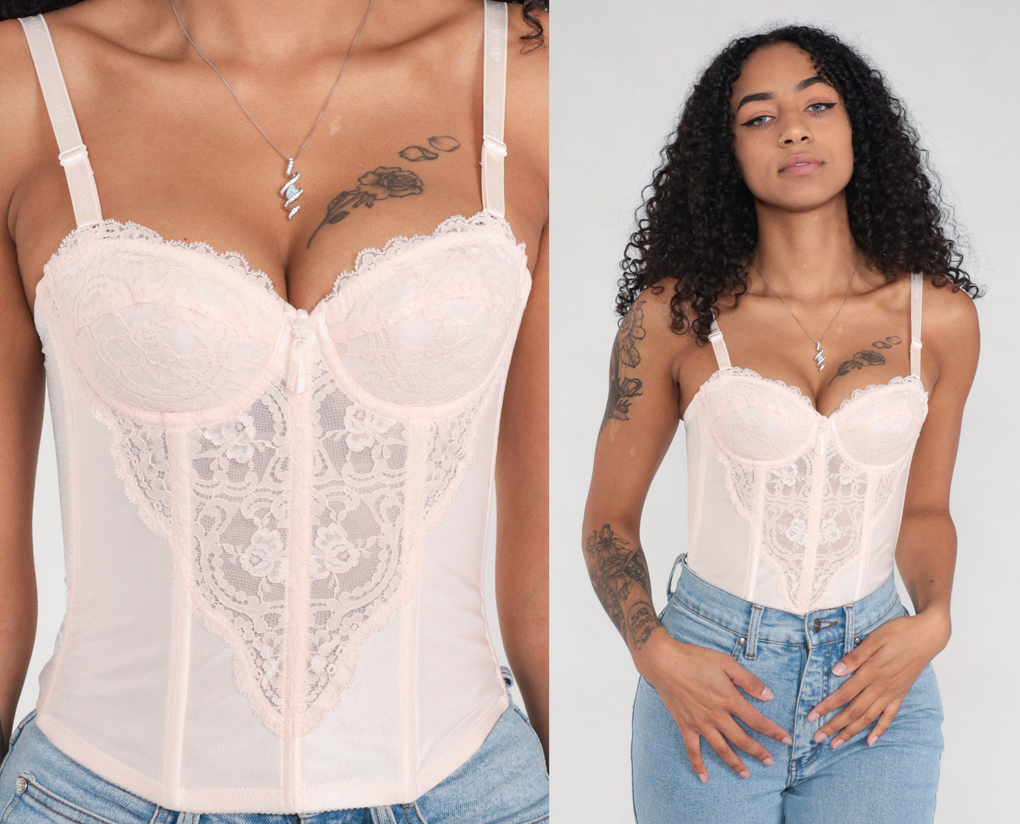 80s Baby Pink Lace Bustier Corset Underwire Removable Straps 34B