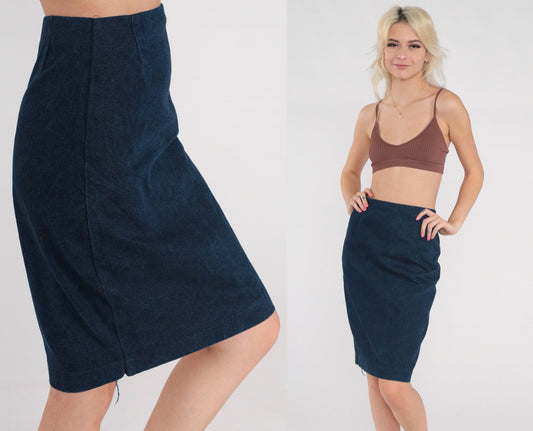80s Dark Wash Denim Mini Skirt High Waist Pencil Cut Extra Small