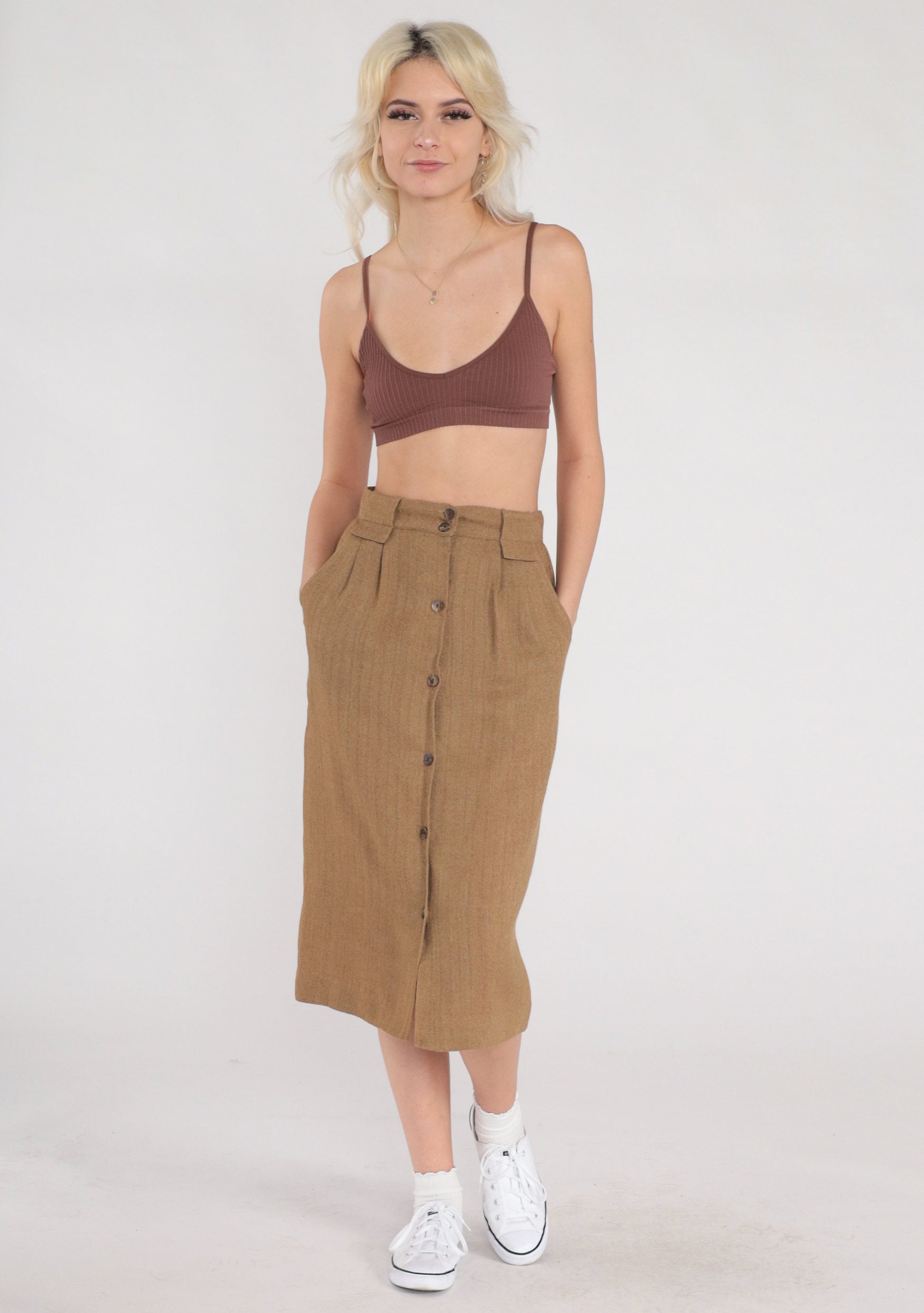 80s Brown Wool Midi Skirt High Waist Pleated Button Front Pockets Extra Small