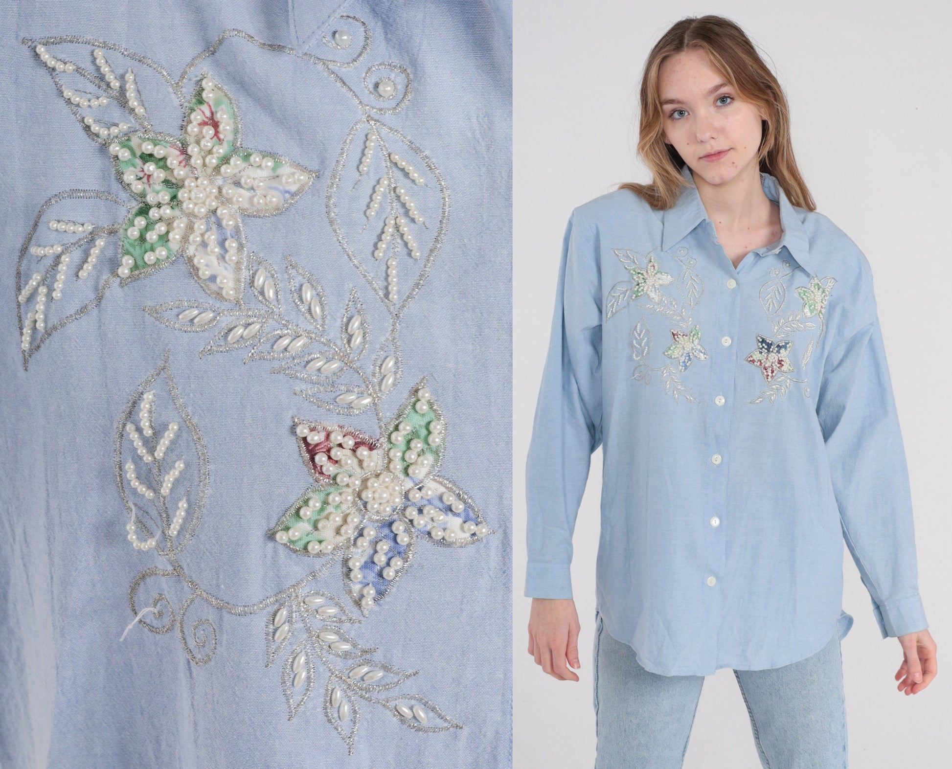 90s Bobbie Brooks Light Blue Pearl Beaded Floral Button-Up Blouse Medium