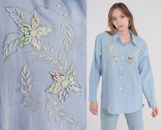 90s Bobbie Brooks Light Blue Pearl Beaded Floral Button-Up Blouse Medium