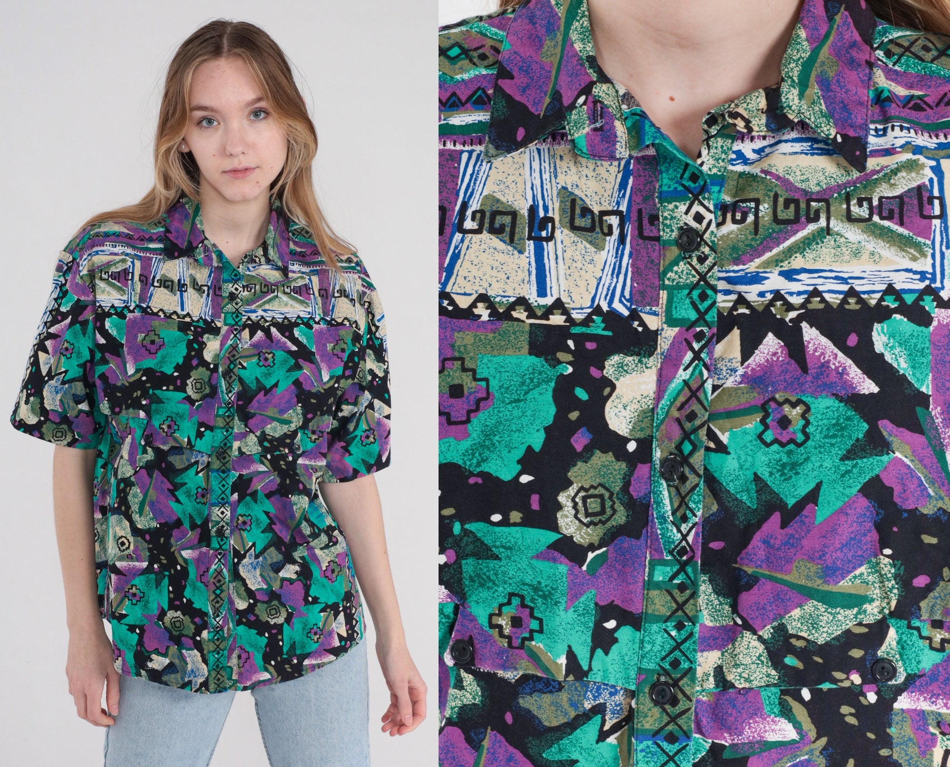 90s Southwestern Geometric Print Button-Up Blouse Black Purple Green Cotton Large