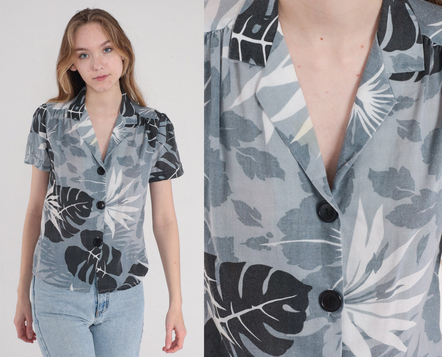 80s Grey Tropical Floral Blouse Puff Sleeve Button Up Small