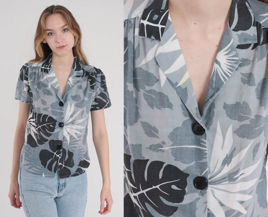 80s Grey Tropical Floral Blouse Puff Sleeve Button Up Small