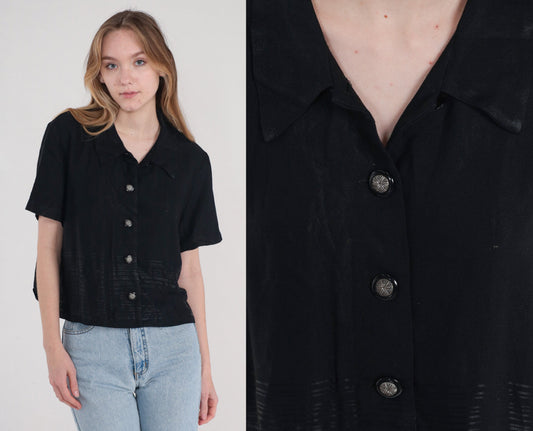 90s Black Button-Up Blouse Shiny Striped Short Sleeve Large L