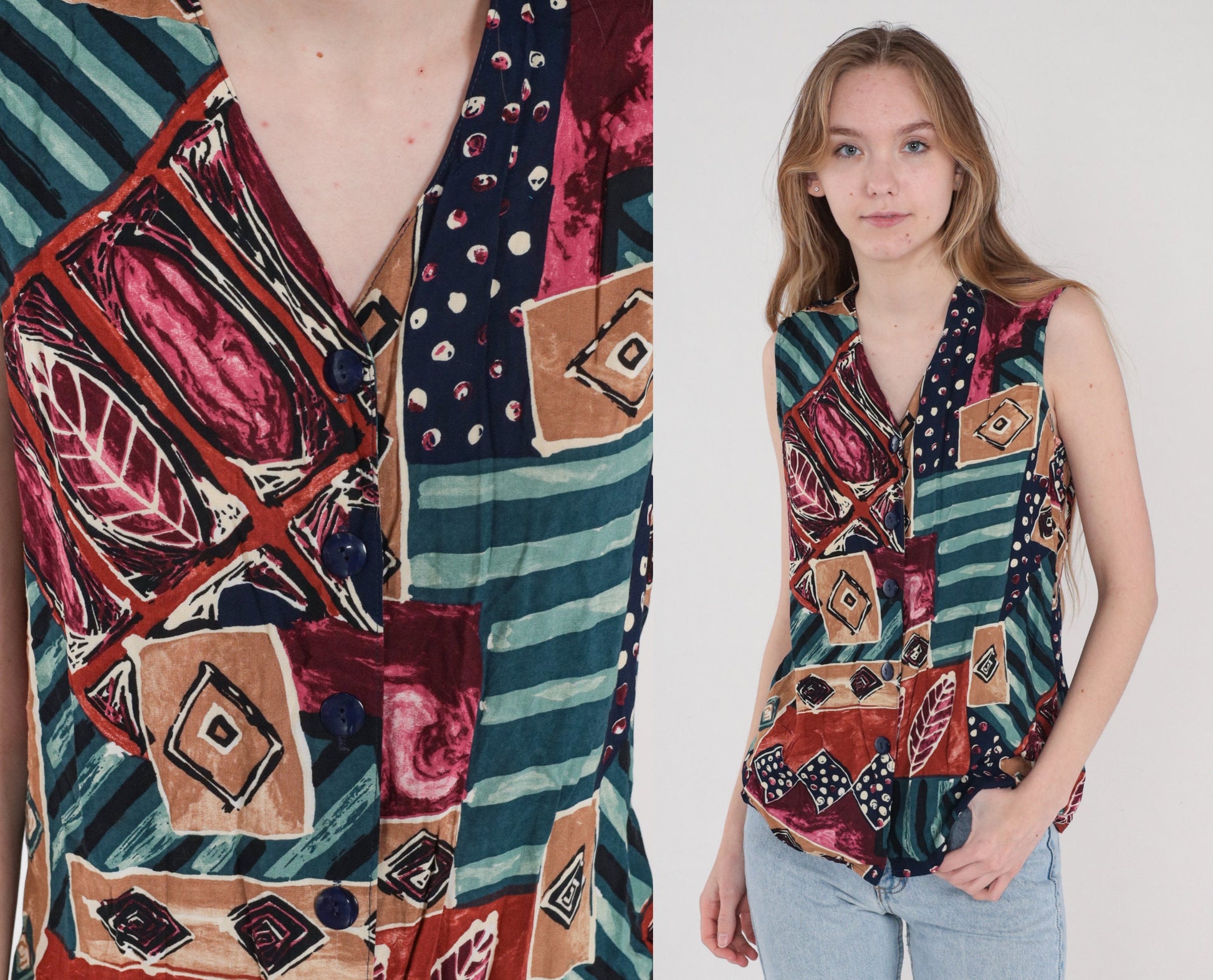 90s Abstract Print Button-Up Tank Top Sleeveless Blouse Medium