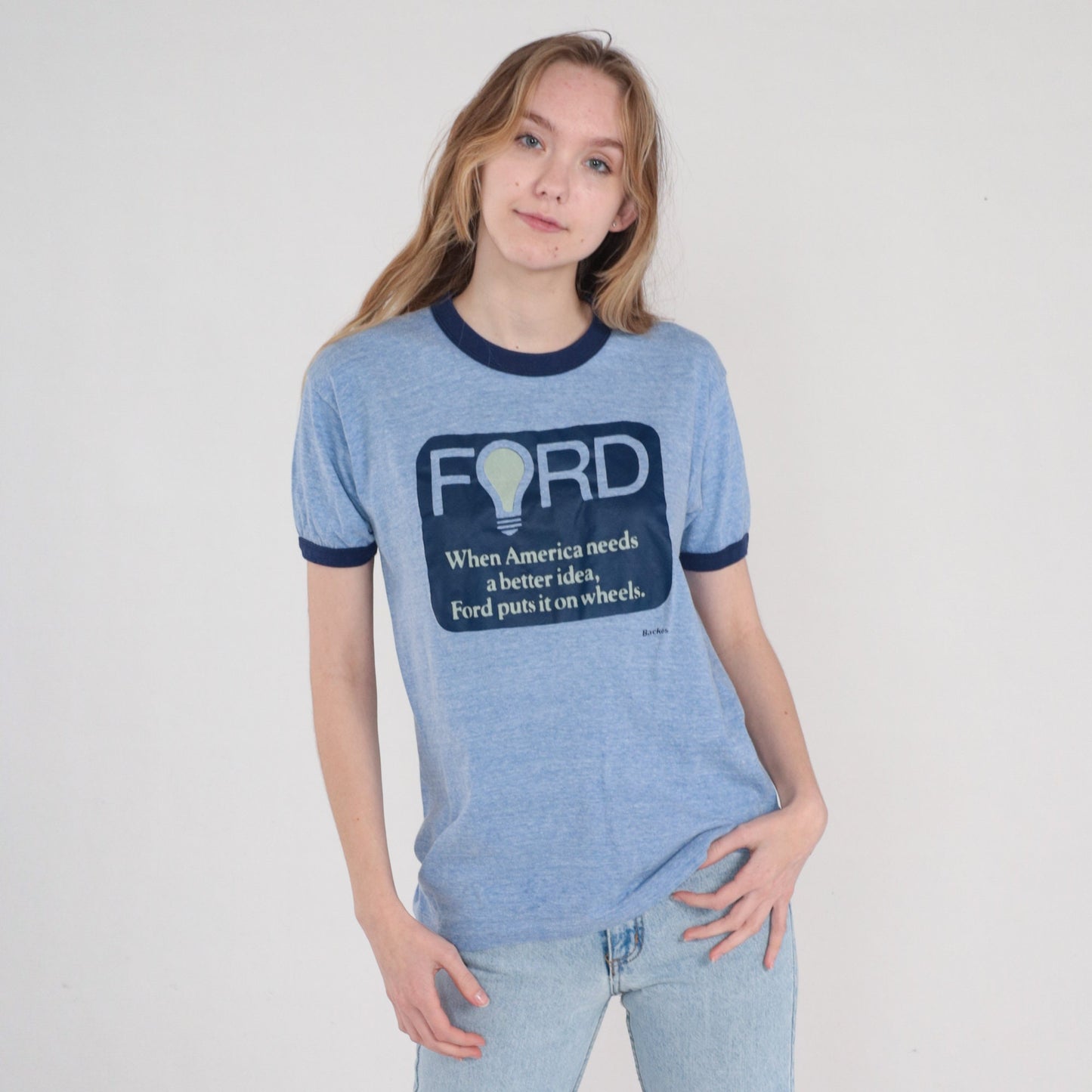 80s Ford Graphic Ringer Tee Blue Single Stitch Medium