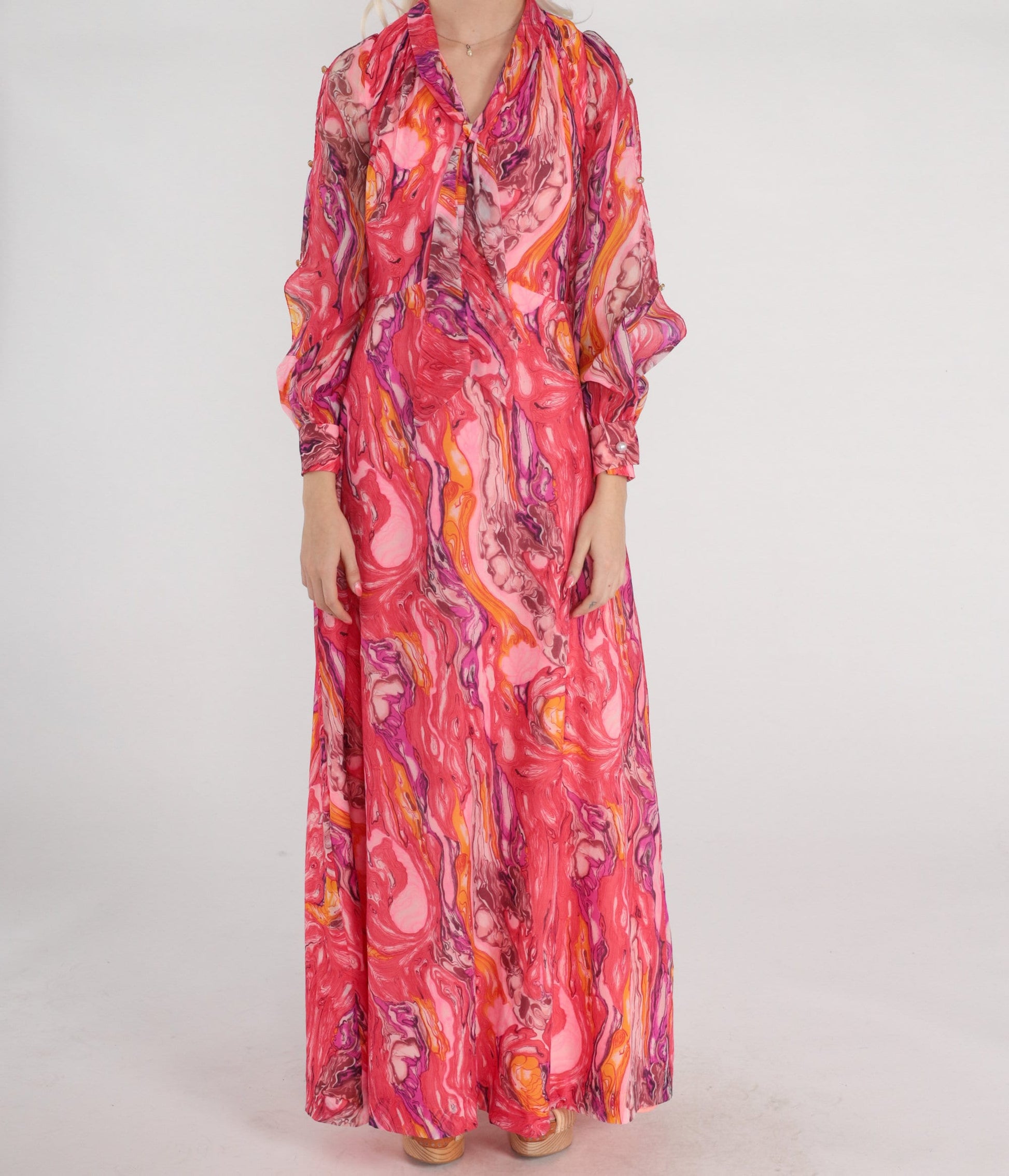 70s Psychedelic Marble Print Maxi Dress Pink Orange Purple Keyhole Tie Neck Small