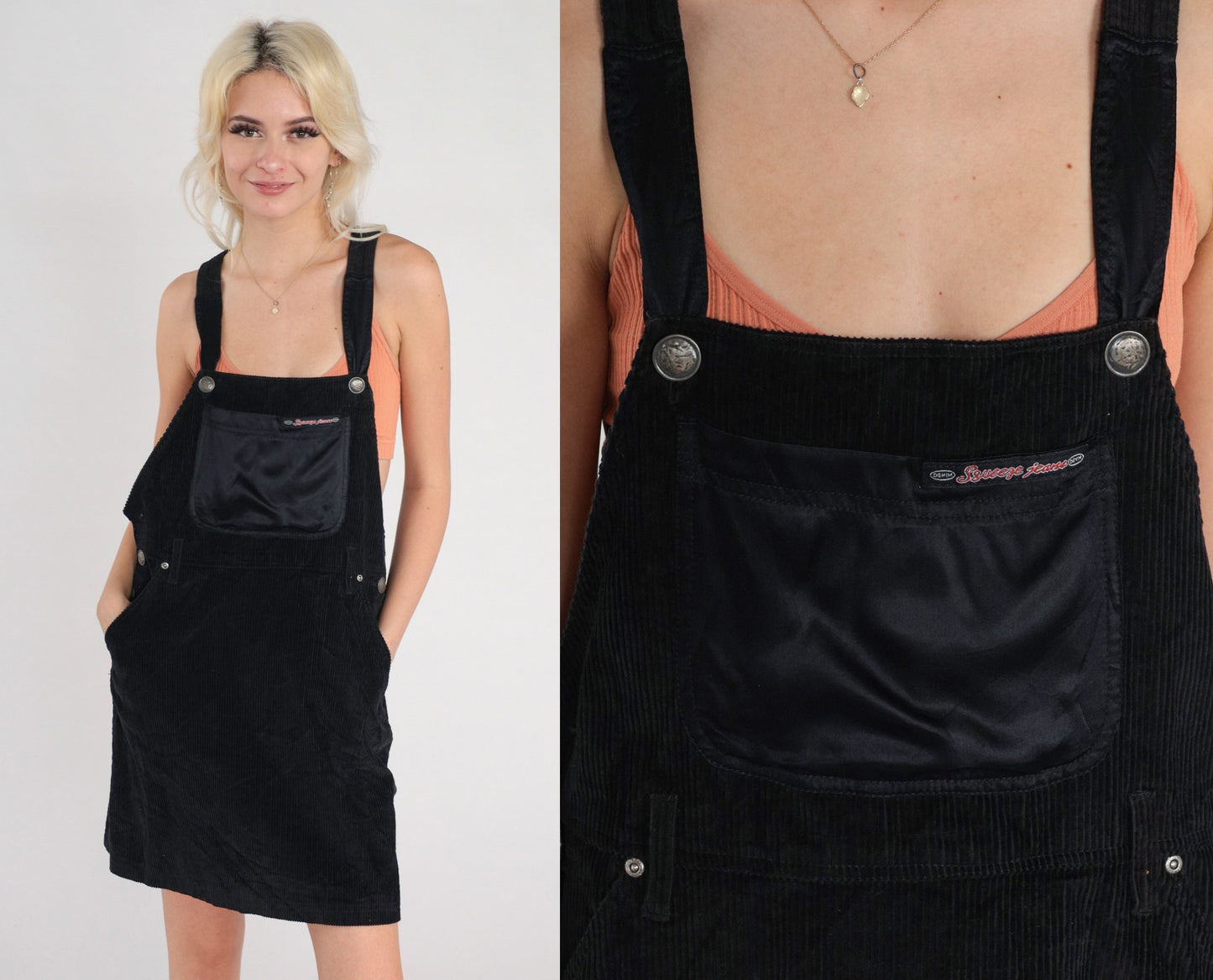 90s Squeeze Jeans Black Corduroy Overall Dress Mini Skort Small