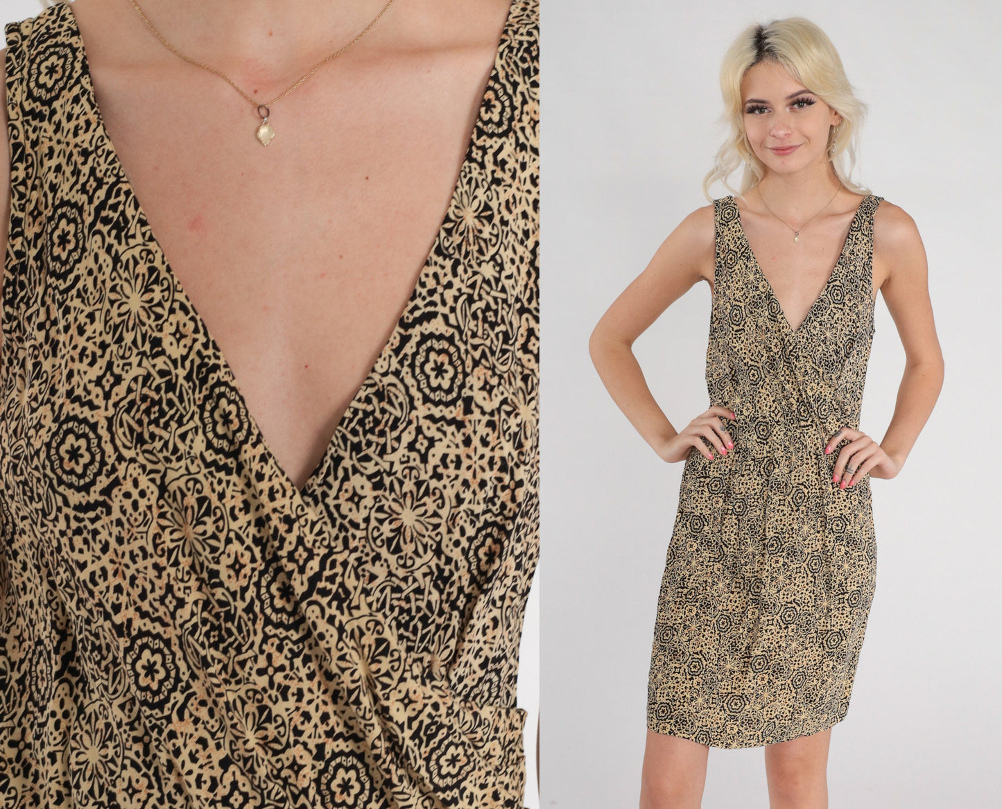 90s Abstract Geometric Print V-Neck Wrap Minidress Beige Black Sleeveless Medium M