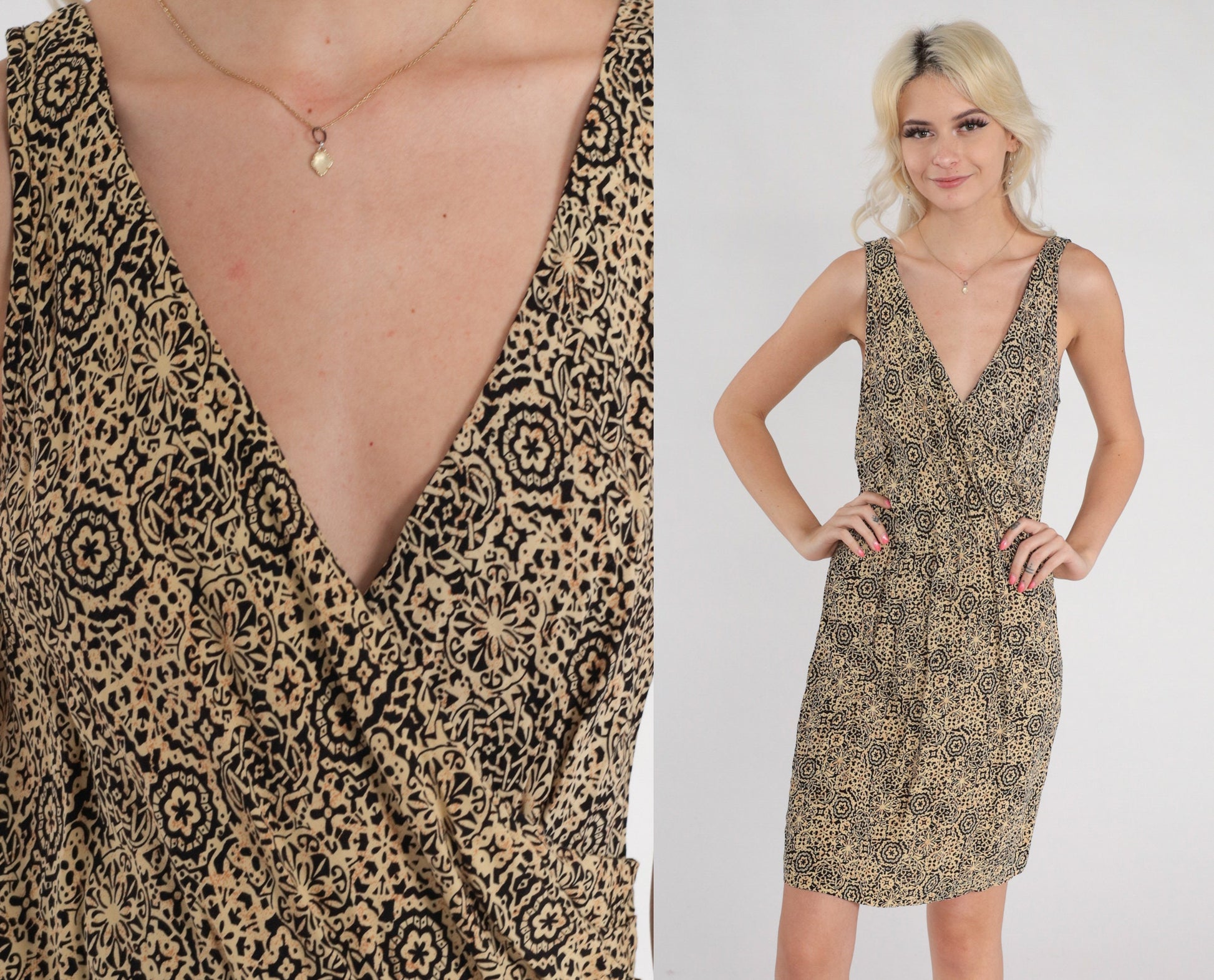 90s Abstract Geometric Print V-Neck Wrap Minidress Beige Black Sleeveless Medium M