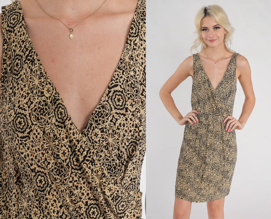 90s Abstract Geometric Print V-Neck Wrap Minidress Beige Black Sleeveless Medium M