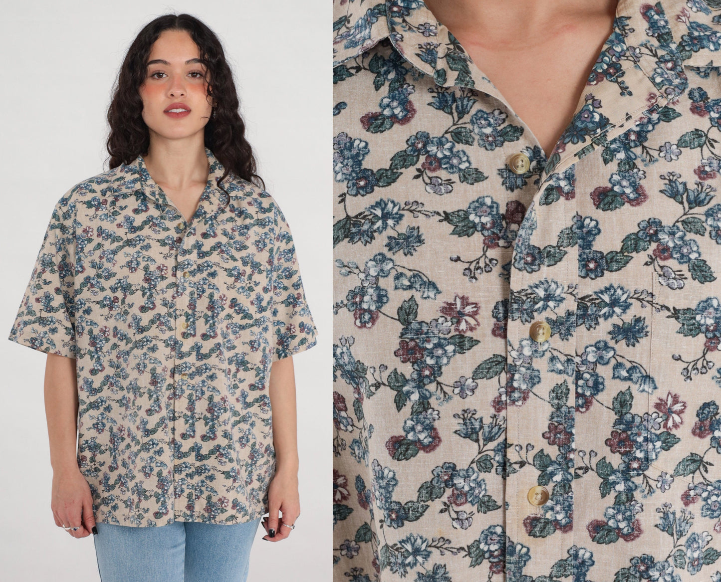 90s Beige Floral Button-Up Shirt Men's Large Short Sleeve Collared