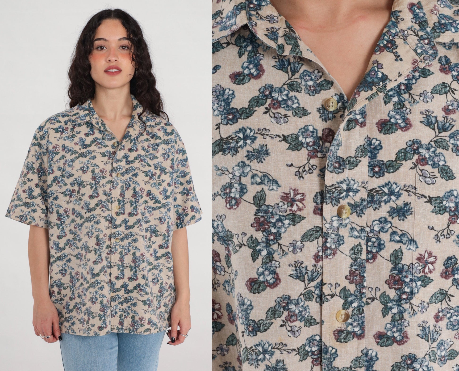 90s Beige Floral Button-Up Shirt Men's Large Short Sleeve Collared