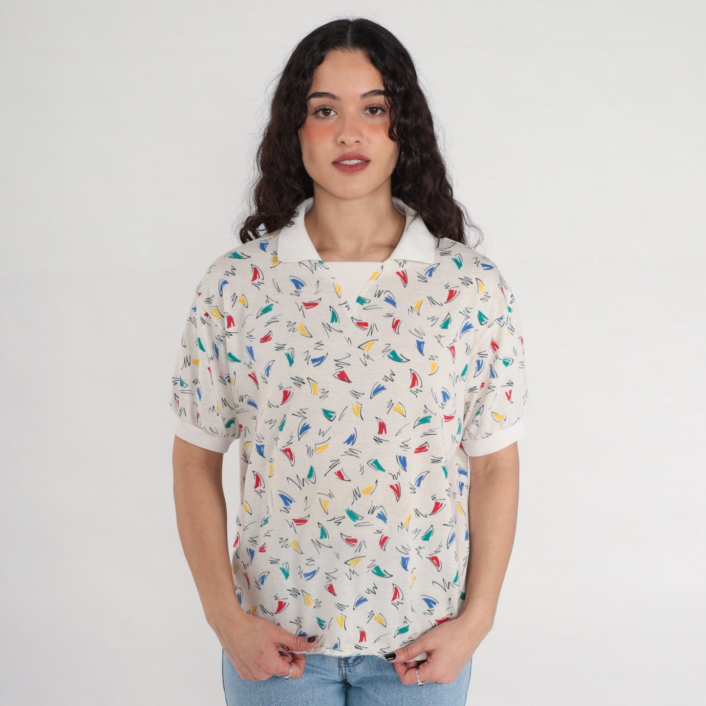 80s Squiggle Print Geometric Collared Shirt White Cotton Blend Large L