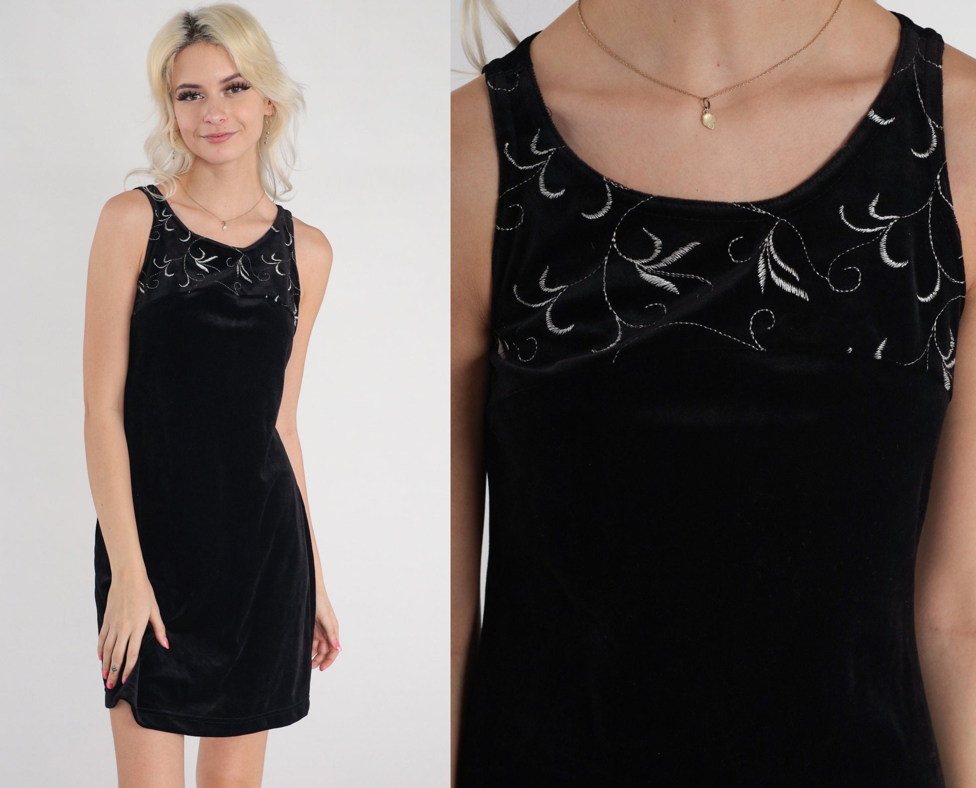90s Black Velour Mini Dress Sleeveless Shift Vine Embroidery XS