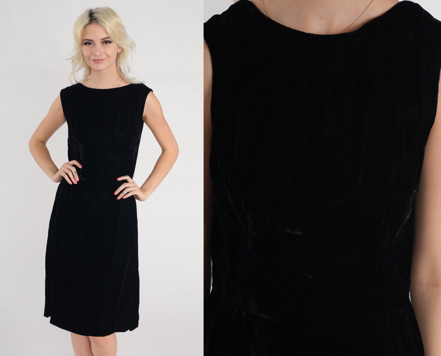 70s Black Velvet Shift Dress Low Back Sleeveless Small