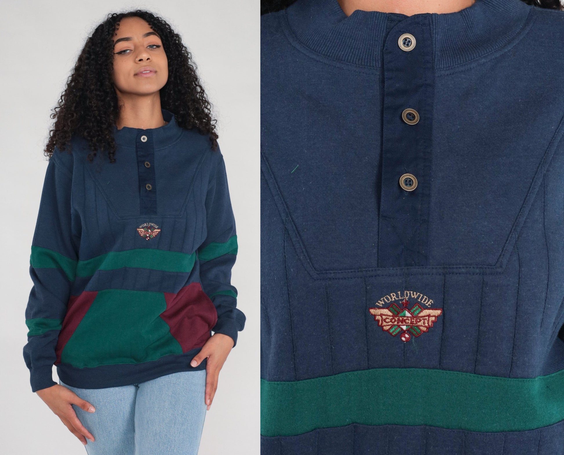 90s Saugatuck Dry Goods Color Block Sweatshirt Navy Green Striped Small