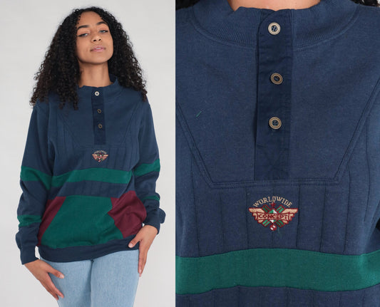 90s Saugatuck Dry Goods Color Block Sweatshirt Navy Green Striped Small