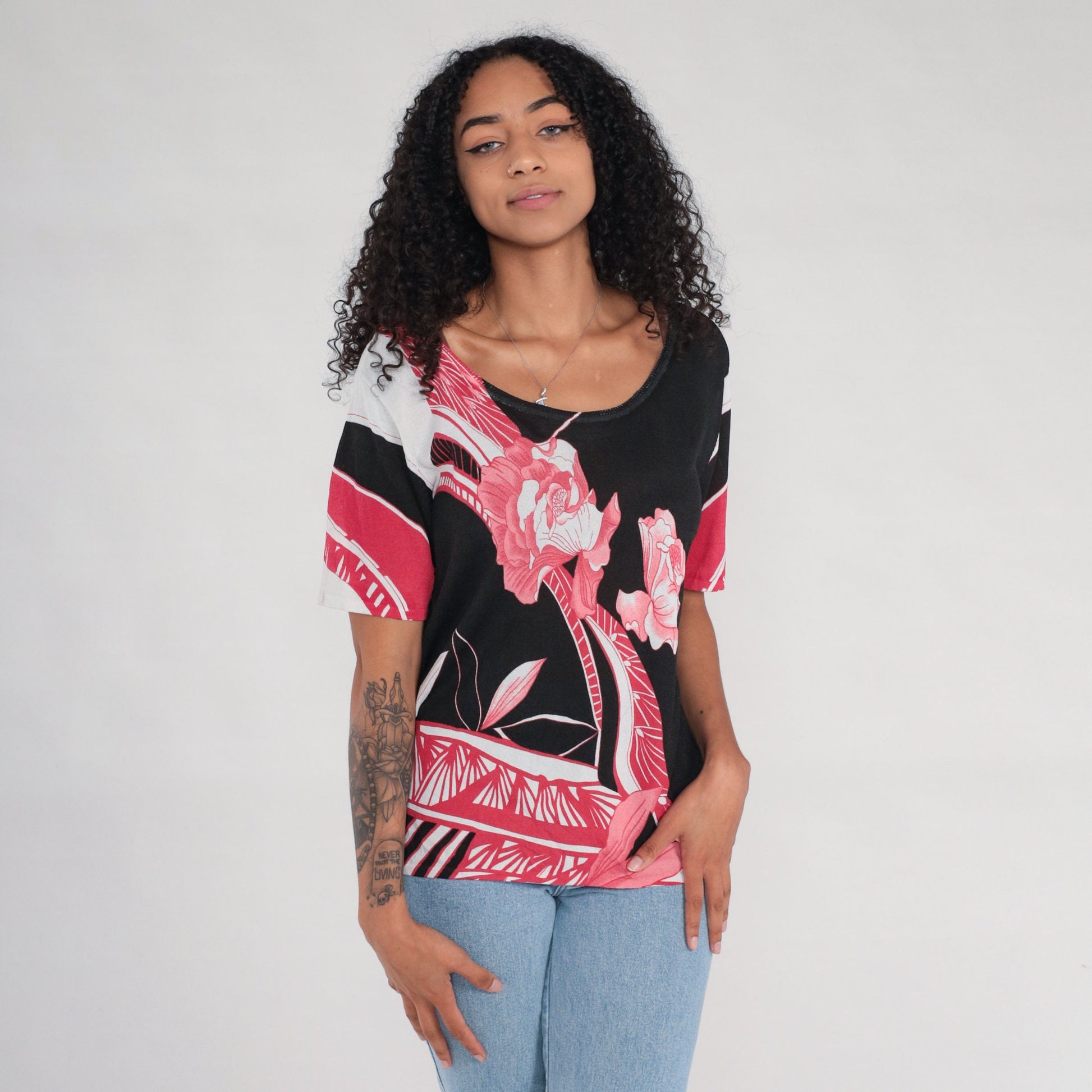 Y2K Floral Knit Shirt Black Pink Abstract Short Sleeve Extra Large