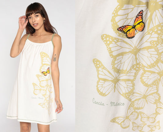 Y2K Butterfly Mini Dress Cancun Mexico White Tank Sleeveless Extra Large