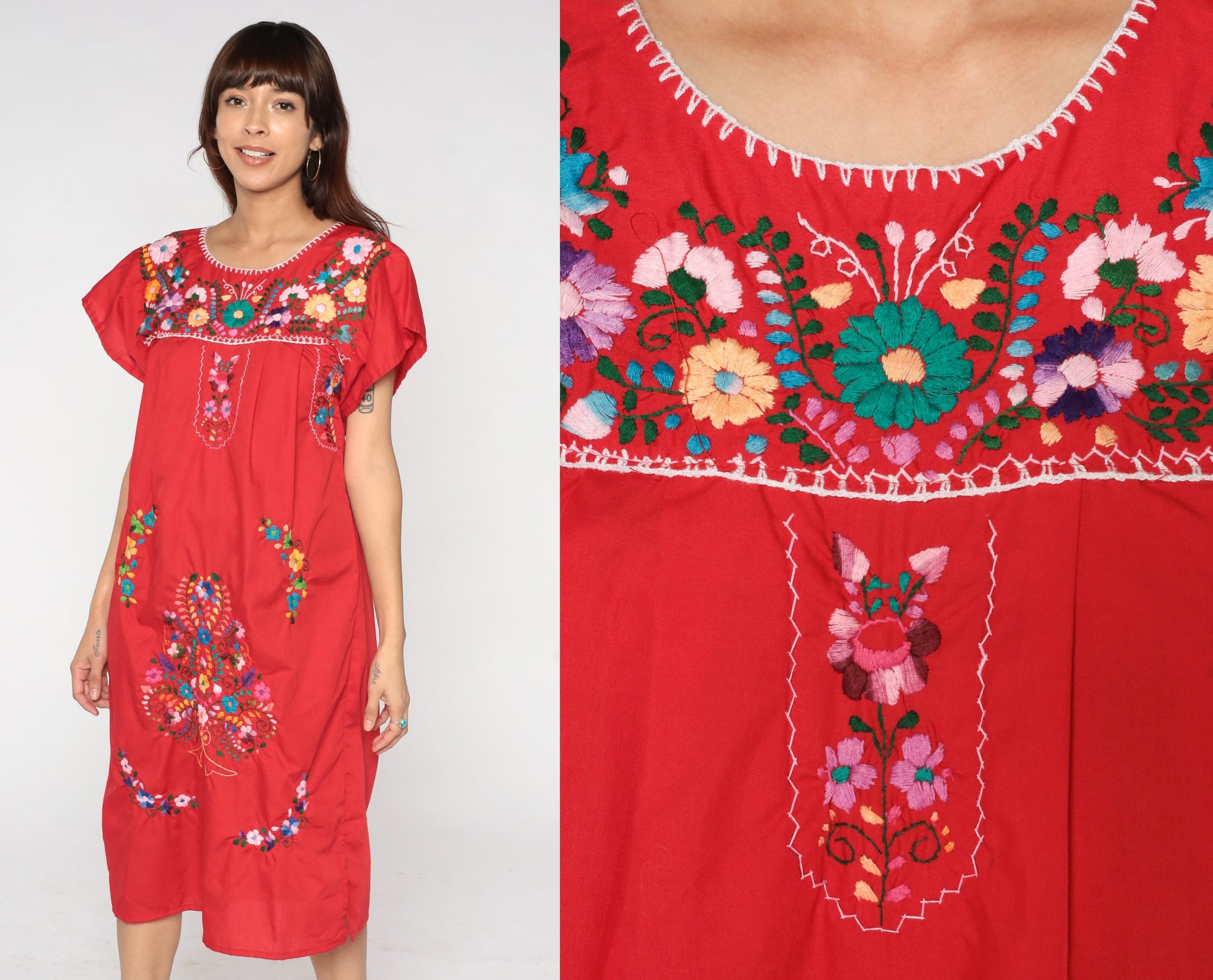 90s Mexican Embroidered Floral Midi Dress Red Cotton Small S