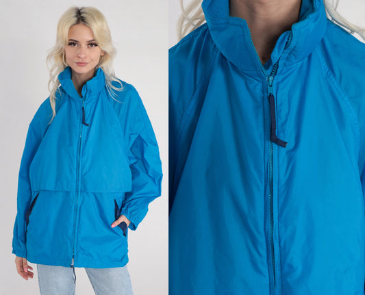 90s Eddie Bauer Blue Nylon Windbreaker Hidden Hood Zip Jacket Large