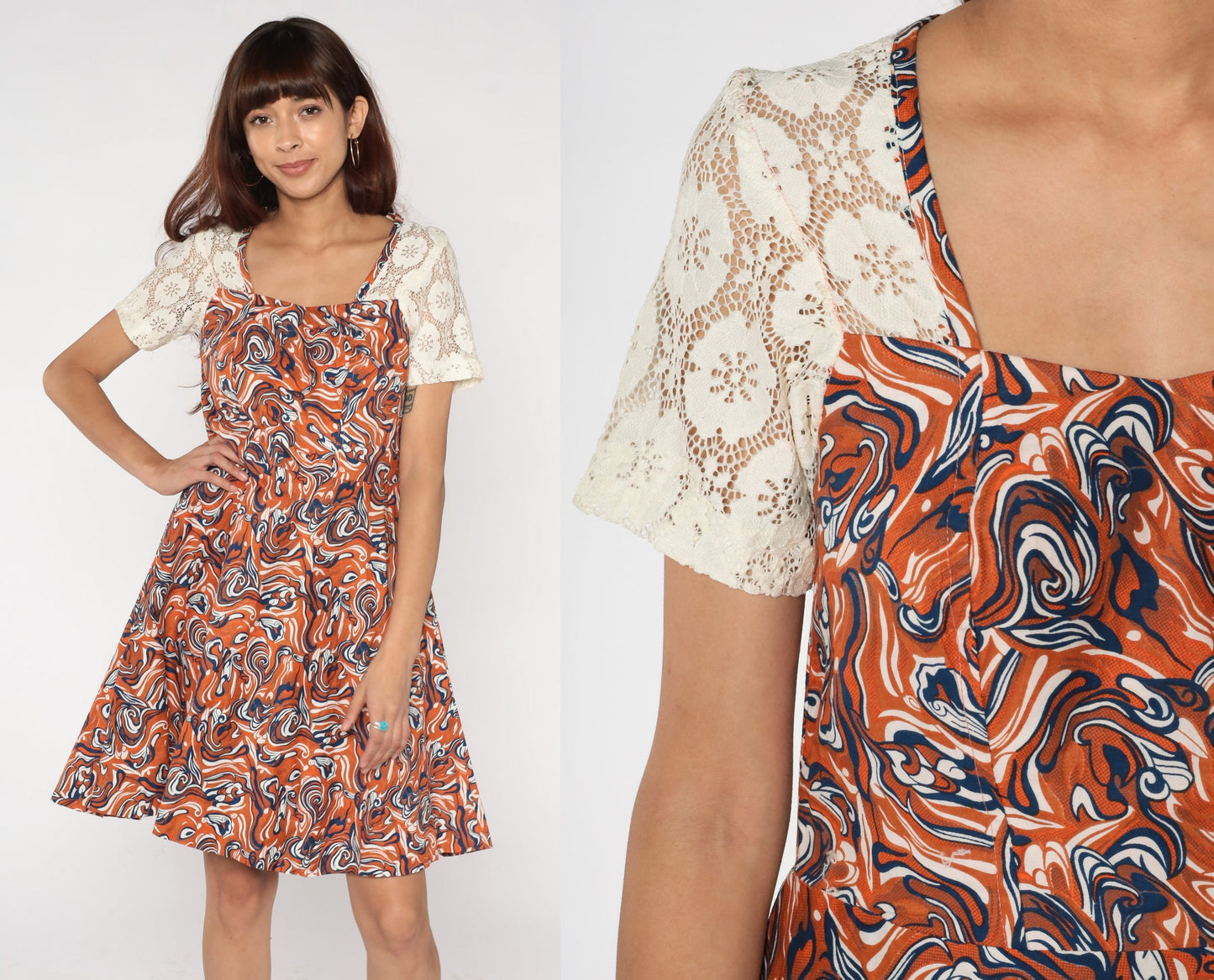 80s Abstract Marble Print Mini Dress Lace Yoke High Waist Short Sleeve Small