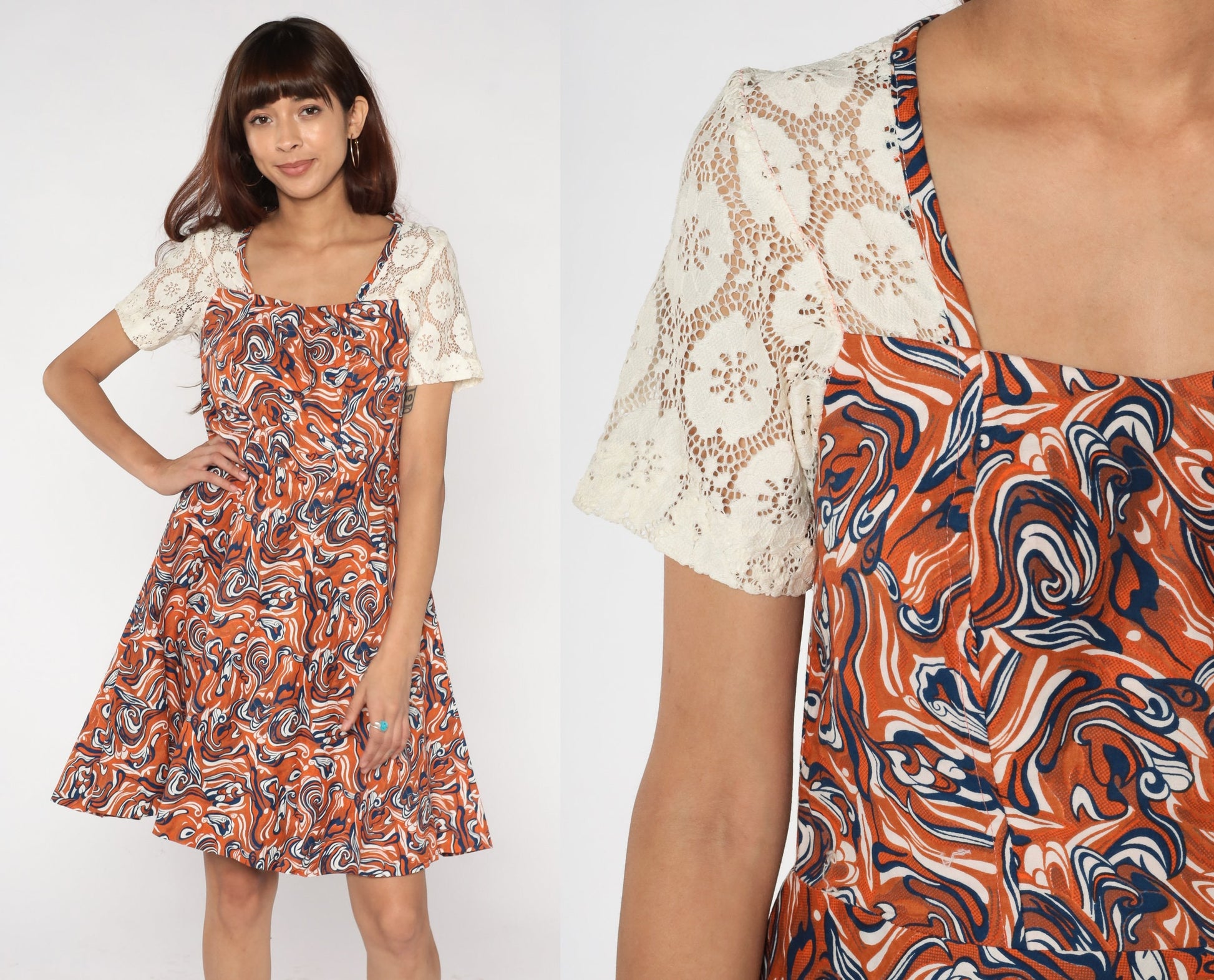 80s Abstract Marble Print Mini Dress Lace Yoke High Waist Short Sleeve Small