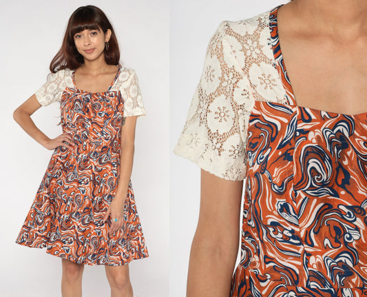 80s Abstract Marble Print Mini Dress Lace Yoke High Waist Short Sleeve Small