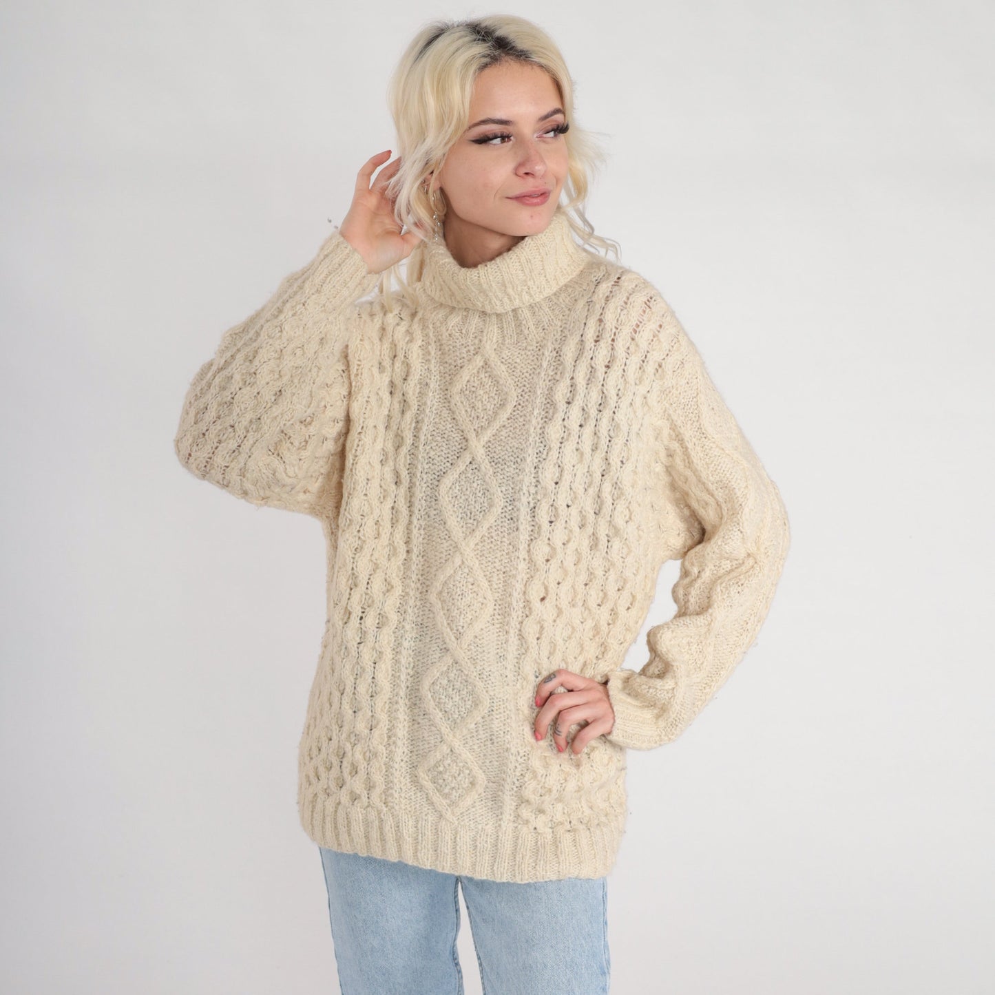 90s Liz Claiborne Cream Cable Knit Wool Turtleneck Sweater Medium M