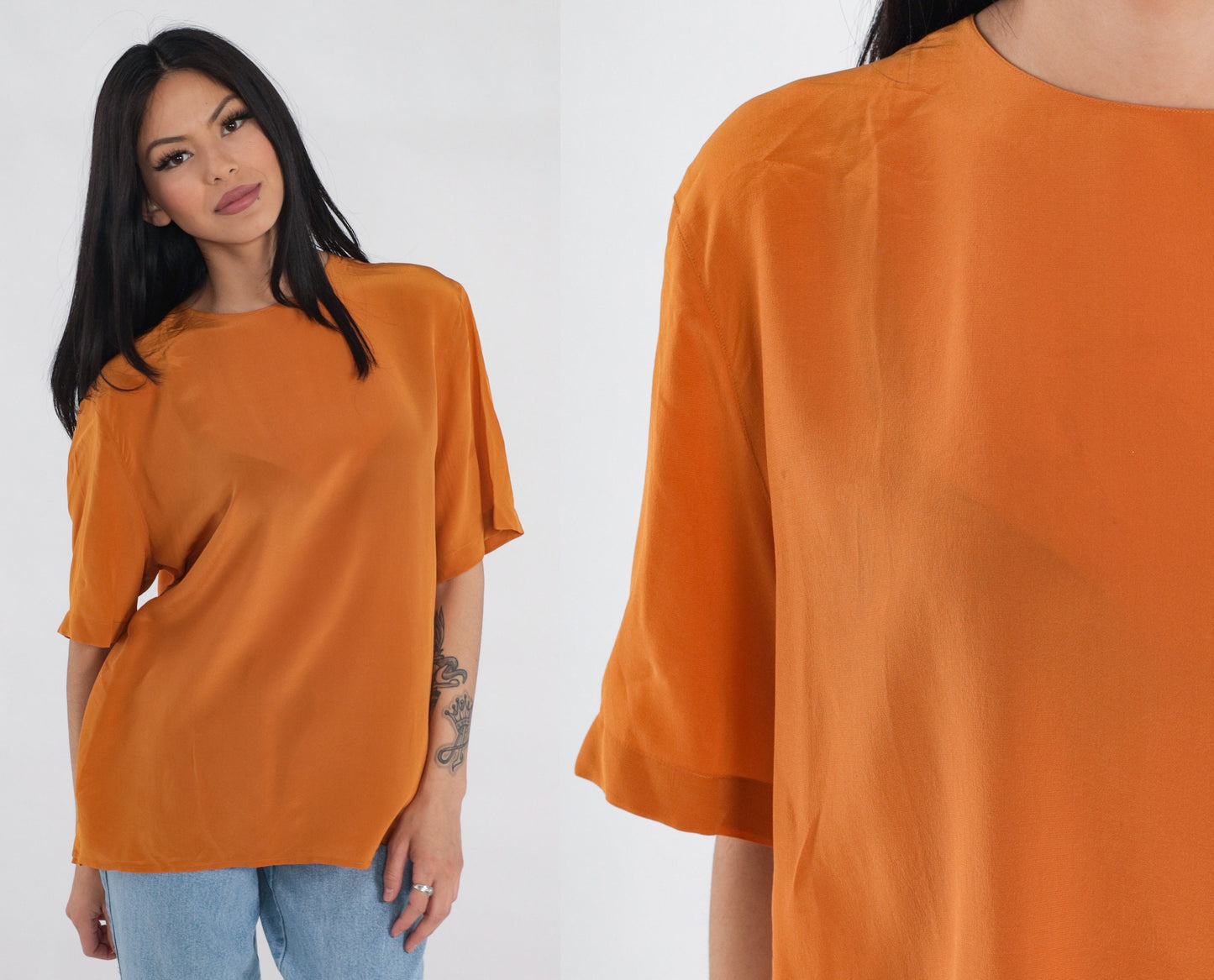 90s Orange Silk Blouse Short Sleeve Keyhole Back Vintage Top Large