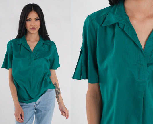 80s You Babes Green Collared Blouse Slit Sleeve V-Neck Medium Large
